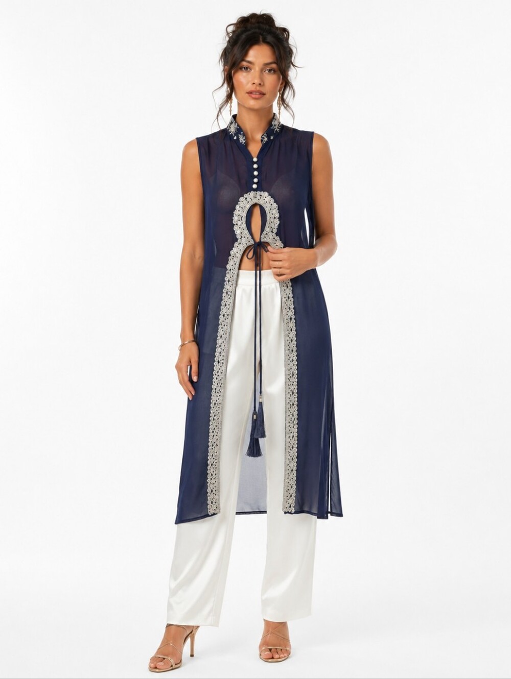 JAKKAT Fashion Navy Sheer Sleevless Curved Embellished Waist Tie Duster